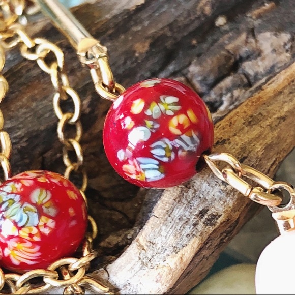 Vintage Gold Tone Tassel Necklace with Red Painted Beads by Sarah Coventry - Picture 2 of 5